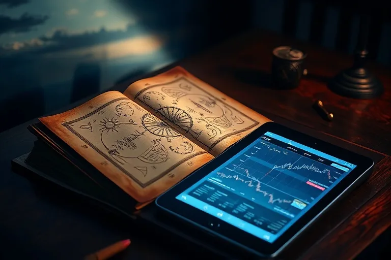 Antique astrology book and modern financial tablet on a desk, cinematic still life