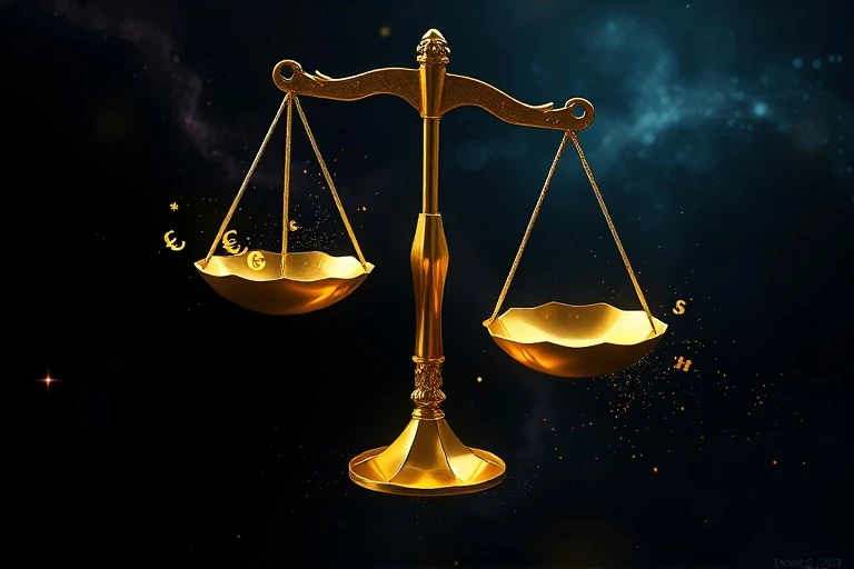 Golden balance scale with cosmic dust and currency symbols, conceptual art