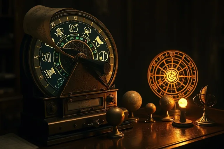 Cinematic still life of a vintage stock ticker tape machine displaying abstract astrological symbols, surrounded by antique brass planetary models.