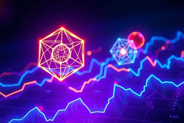 3D render of interconnected geometric shapes representing astrological aspects over an abstract financial graph, with vibrant energy lines.