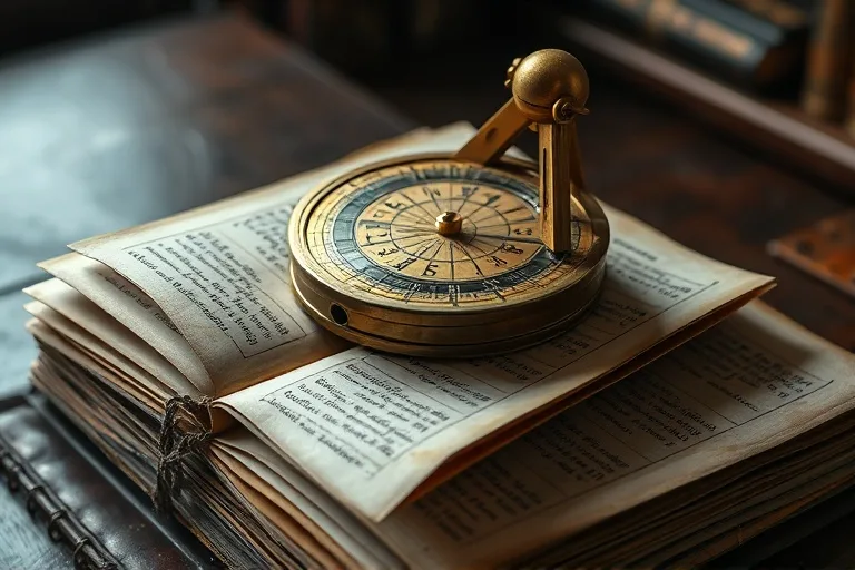 Vintage brass astrolabe on financial ledgers, symbolizing ancient wisdom in modern finance.