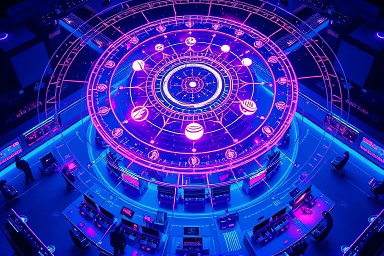 3D isometric render of a futuristic trading floor with holographic planetary orbits and digital data streams, symbolizing the intersection of cosmic forces and economic activity.