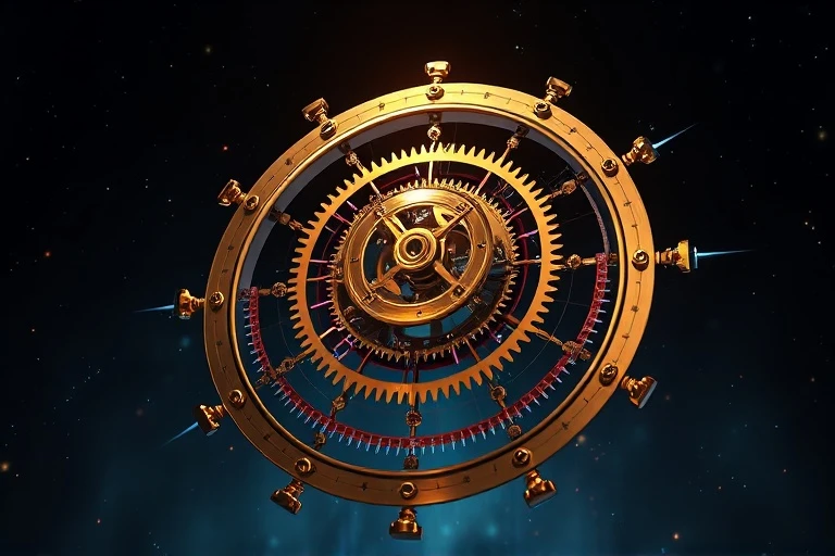 Digital 3D illustration of a sophisticated clockwork mechanism with planetary gears and abstract stock market charts.