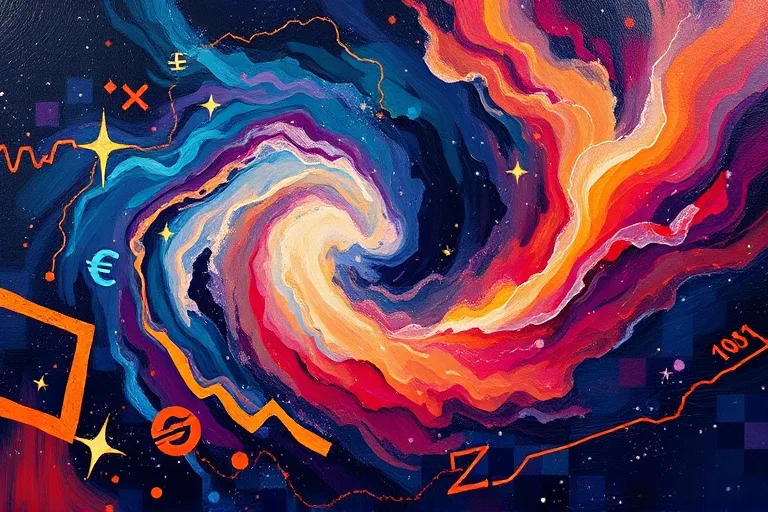 Abstract oil painting with swirling, vibrant colors representing cosmic phenomena and fluid market movements, with faint currency symbols.
