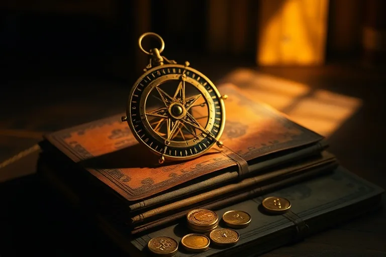 Still-life photography of an antique brass astrolabe resting on a stack of aged financial ledgers, alongside a few scattered, tarnished gold coins. The scene is dimly lit by a single, focused beam of light, creating dramatic shadows. The background is a blurred, dark wooden desk. Highly detailed, macro shot, no humans, no faces, no people.
