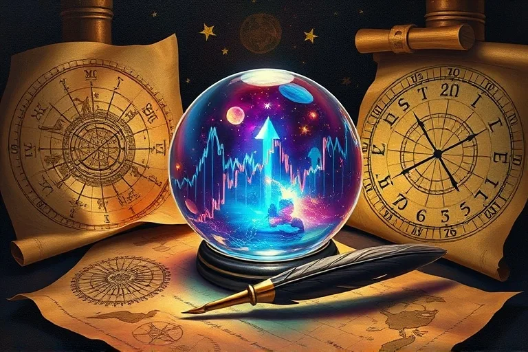 Surreal oil painting depicting a crystal ball reflecting dynamic stock market charts and upward-trending arrows, surrounded by ancient, hand-drawn astrological charts and a quill pen. The colors are deep and rich, with a mystical, almost dreamlike quality. The composition is abstract and symbolic. No humans, no faces, no people.