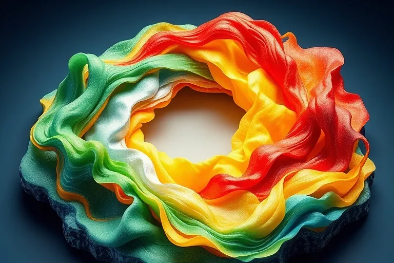 Vibrant abstract watercolor showing green flowing into red, then yellow, silver, and deep blue in a continuous loop, symbolizing the generative cycle of elements