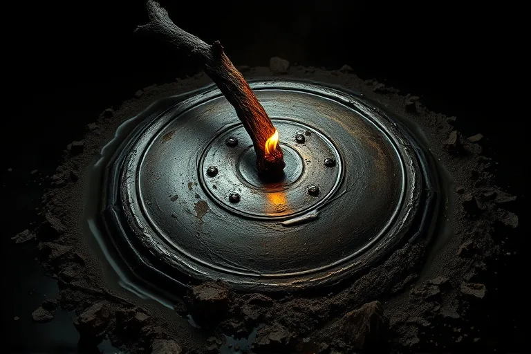 Dramatic cinematic still life showing a scorched wooden branch piercing a metal shield, corroding in dark water, with crumbling earth and a dying ember, symbolizing the destructive cycle