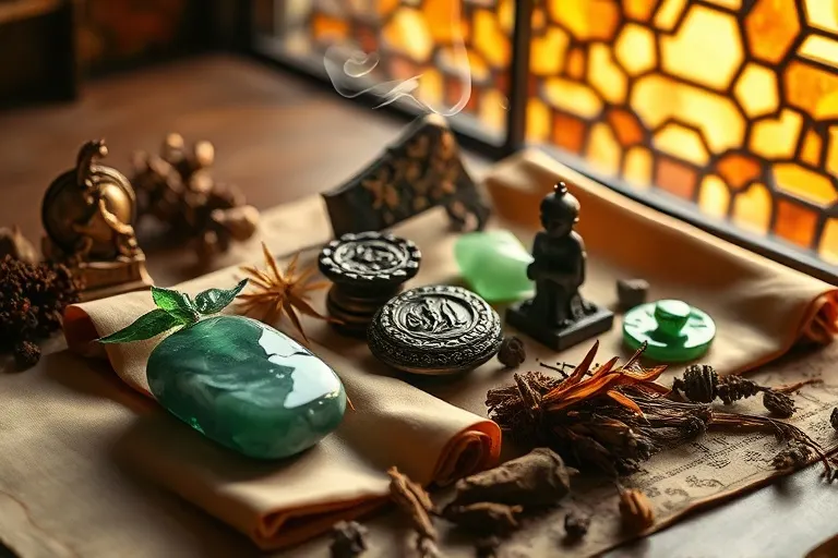Still-life photography of polished jade and ancient bronze artifacts arranged on a silk scroll, surrounded by dried herbs and a burning incense stick, with soft, warm ambient lighting.