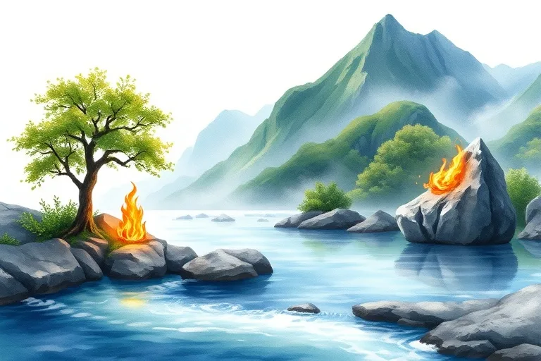 Watercolor painting of a serene landscape depicting a flowing river, a sturdy tree, a gentle fire, a fertile mountain, and a metallic rock formation, all harmoniously blending into one scene.