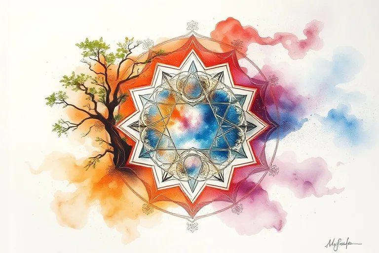 Watercolor painting depicting the Constructive Cycle of elements: Wood feeding Fire, Fire creating Earth, Earth bearing Metal, Metal holding Water, and Water nourishing Wood, in a serene, flowing composition.
