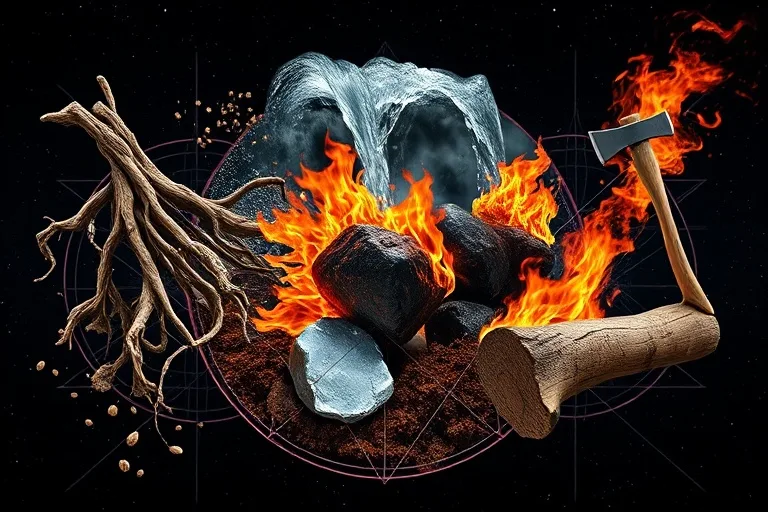 Conceptual art collage illustrating the Destructive Cycle of elements: Wood piercing Earth, Earth absorbing Water, Water extinguishing Fire, Fire melting Metal, and Metal chopping Wood, in a dramatic, contrasting composition.