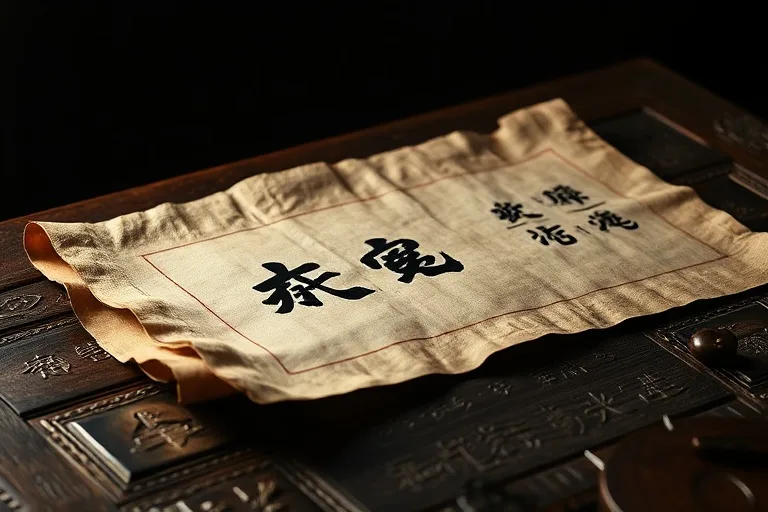 Cinematic still life of an ancient scroll with Chinese characters for Tiger and Elements, on a wooden table with elemental symbols.