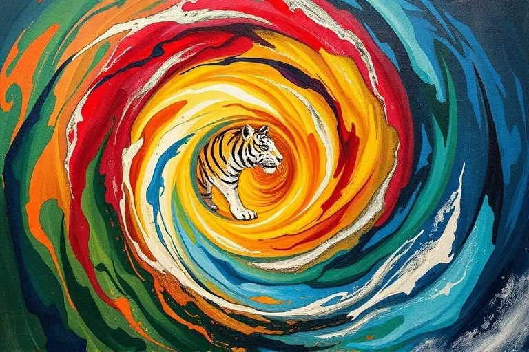Abstract oil painting of a swirling vortex of colors representing the five elements converging into a tiger's eye.