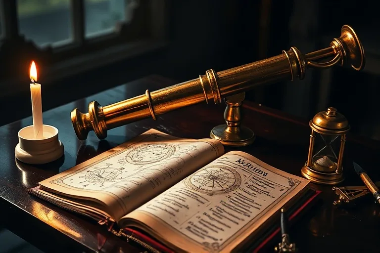 Still life of an antique telescope and astrological almanac on a desk