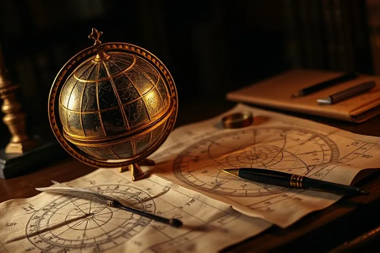 Still-life of an antique astronomical globe and old star charts, dramatic lighting