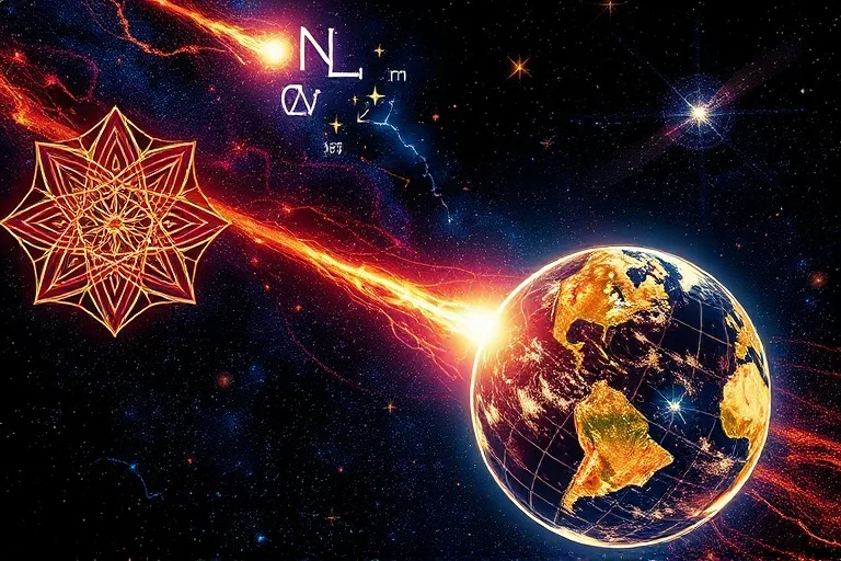 Digital illustration of cosmic energy flowing between stars and Earth, geometric patterns
