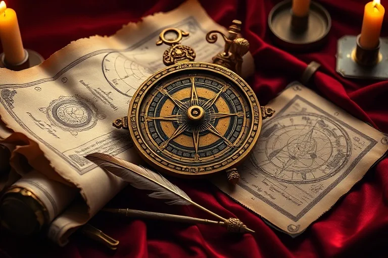 Still-life photography of an ancient brass astrolabe resting on a velvet cloth, surrounded by old parchment scrolls with astrological symbols, a quill pen, soft, warm candlelight, focus on intricate details of the astrolabe, antique, scholarly atmosphere, macro shot, no human presence.