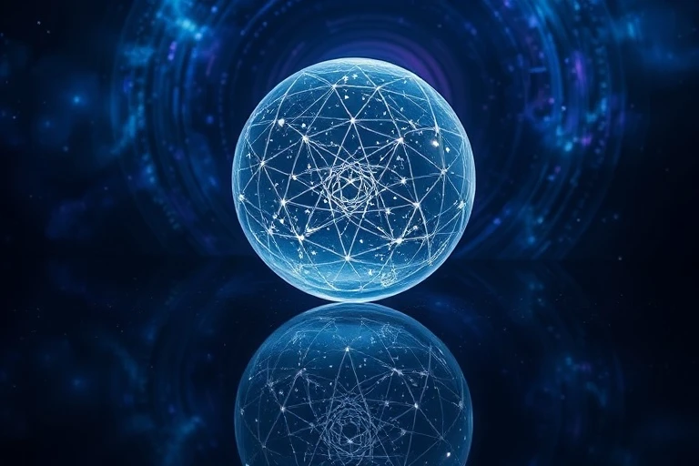 Conceptual art of a stylized constellation map etched onto a crystal sphere, glowing with internal light, suspended above a tranquil, reflective pool, surrounded by abstract cosmic energy patterns, deep blues and purples, sense of destiny and precision, no human figures, no text.