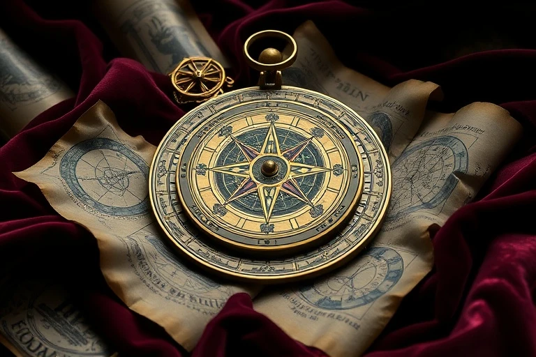 Antique brass astrolabe on velvet, surrounded by old parchment with astronomical charts, symbolizing ancient astrological wisdom.