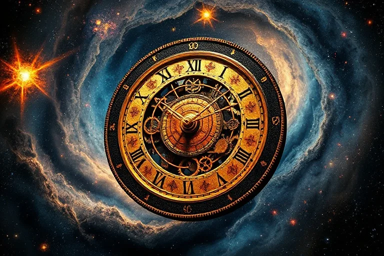 Fragmented cosmic clock with stardust gears, pointing to abstract house symbols, floating in a nebula, representing cosmic destiny.