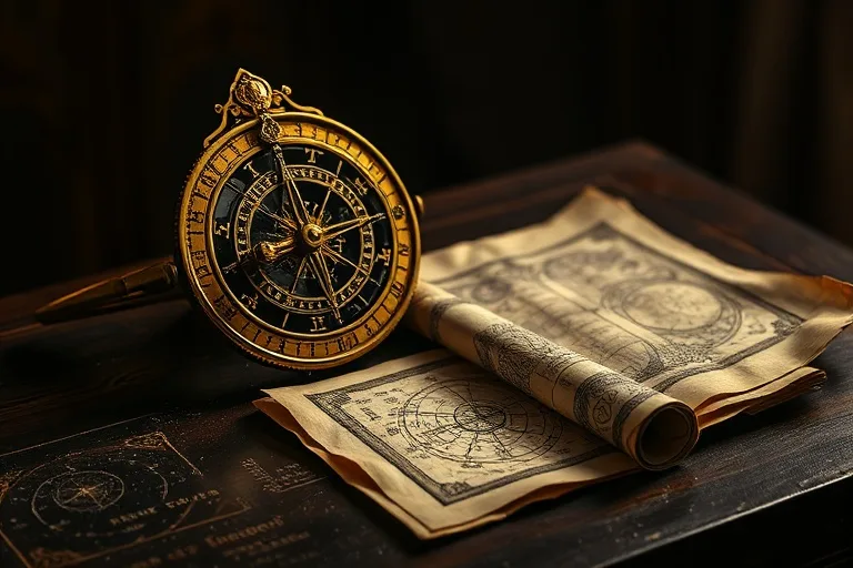 Cinematic still life of an antique brass astrolabe and ancient scrolls