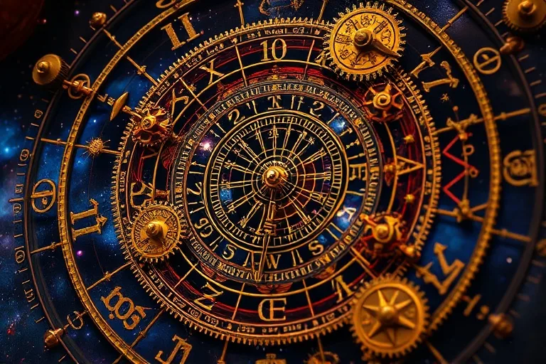 Conceptual art of interconnected gears and clockwork mechanisms forming a celestial map
