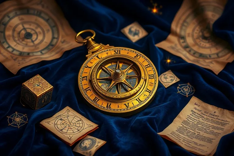 Antique brass astrolabe on velvet, surrounded by glowing celestial charts and ancient scrolls, illuminated by starlight.