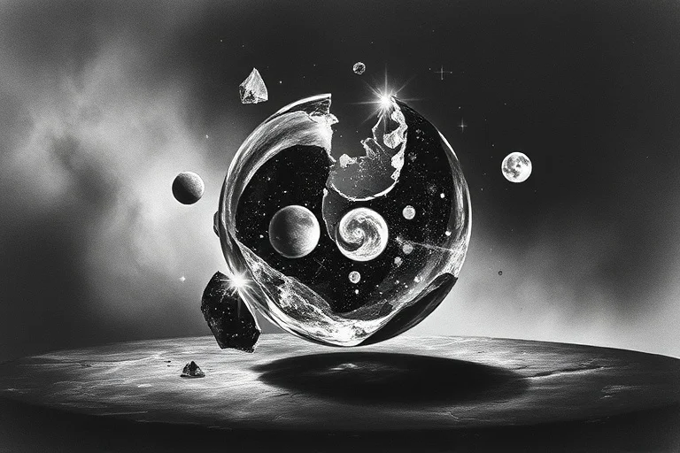 Shattered crystal sphere reflecting constellations, floating above a dark surface, symbolizing fragmented cosmic influence.