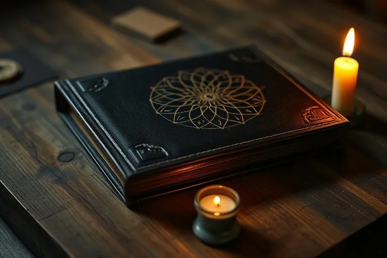 Antique leather-bound family photo album on a wooden table with a flickering candle, symbolizing nostalgia and heritage.