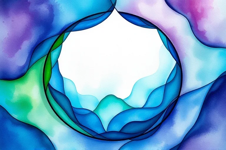 Abstract watercolor painting of swirling blues, greens, and purples forming a protective, womb-like shape, symbolizing inner sanctuary and emotional core.