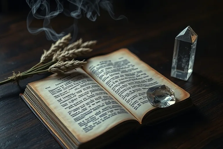 A weathered journal open with faded script, a smoldering sage bundle, and a clear quartz crystal on a dark wooden table, soft light