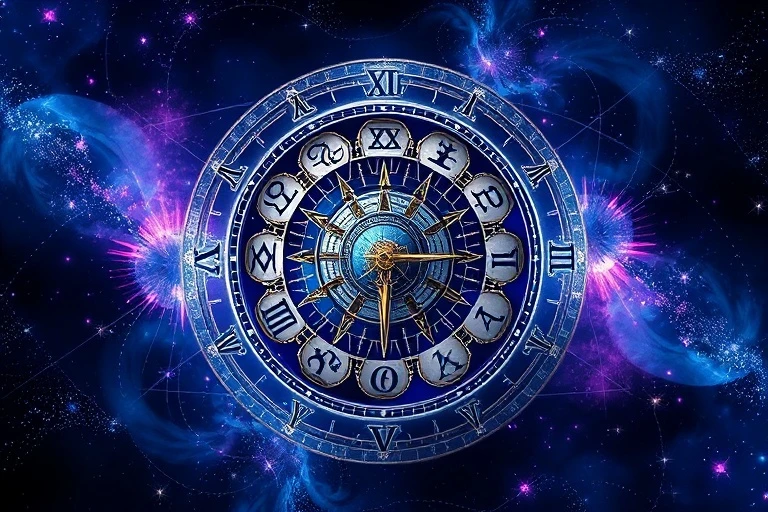 Digital illustration of a stylized cosmic clock with zodiac symbols and intricate gears, surrounded by swirling nebulae and stardust in blues and purples