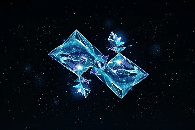 Two abstract geometric shapes, iridescent and glowing, intertwined in a cosmic void, symbolizing the dual nature and nuanced layers of Gemini's decans.