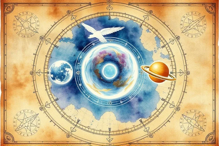A watercolor painting of an ancient constellation map, focusing on Gemini, with translucent circles representing Mercury, Venus, and Saturn.