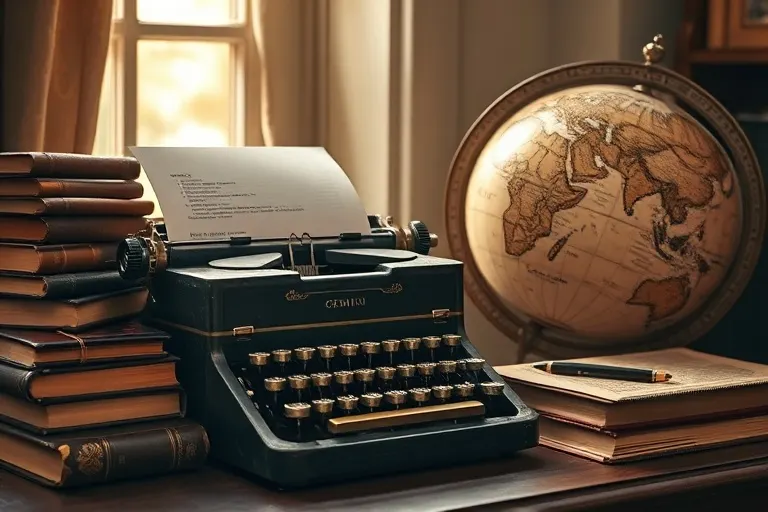 Vintage typewriter surrounded by books and a globe, symbolizing intellectual pursuits.