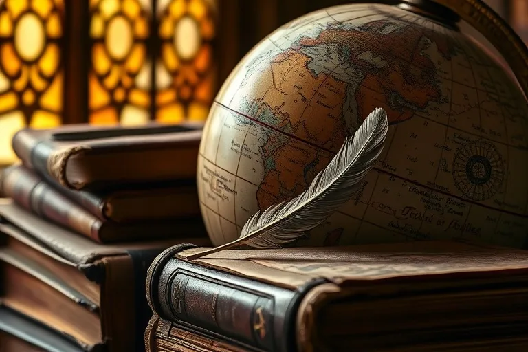 Macro photograph of a vintage globe with ancient books and a feather, symbolizing intellectual exploration and wisdom.