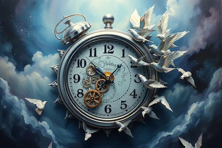 Surrealist oil painting of a melting clock with gears turning into birds, symbolizing Gemini's adaptability and mental agility.