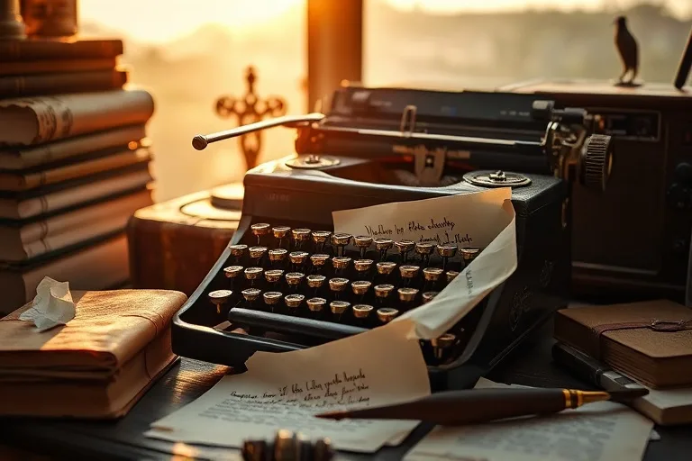 Cinematic still life of an antique typewriter with scattered, half-written letters and crumpled paper, surrounded by old books and a vintage radio, bathed in soft, contemplative light. Focus on communication, intellect, and the spread of ideas. Macro photography, shallow depth of field, warm tones.