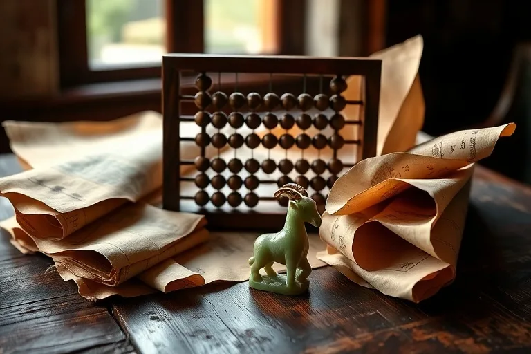An ancient abacus on a weathered wooden desk, surrounded by scrolls and a jade goat pendant, symbolizing careful financial planning and career growth.