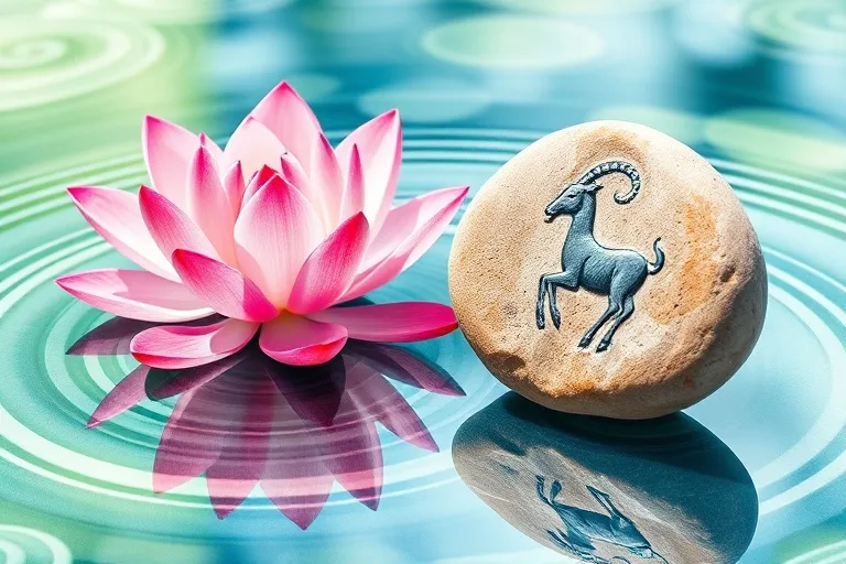 A tranquil watercolor illustration of a blooming lotus flower on calm water with green and blue patterns, and a smooth river stone carved with a goat symbol, representing health and inner peace.