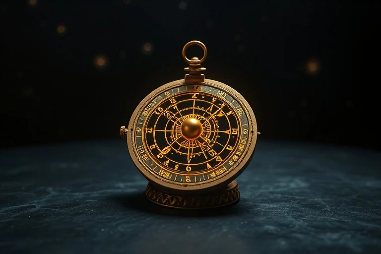 Antique brass astrolabe with golden ratio lines, symbolizing cosmic harmony and precision.