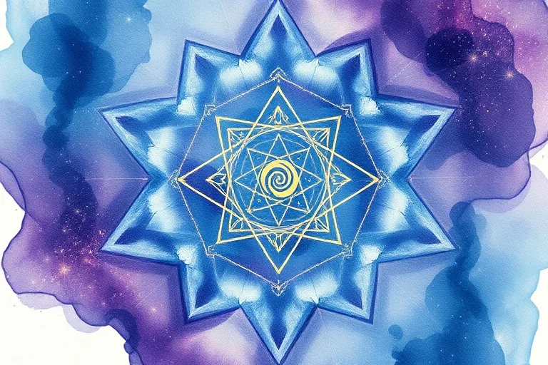 Abstract watercolor painting with flowing geometric shapes and a hidden golden spiral, representing cosmic order.