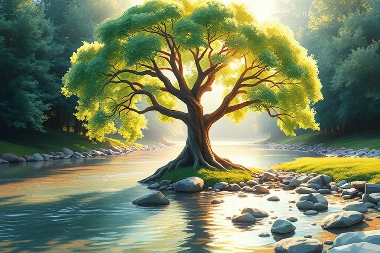 Watercolor painting depicting a balanced natural landscape with a stream, tree, breeze, and sunlight, symbolizing elemental harmony.