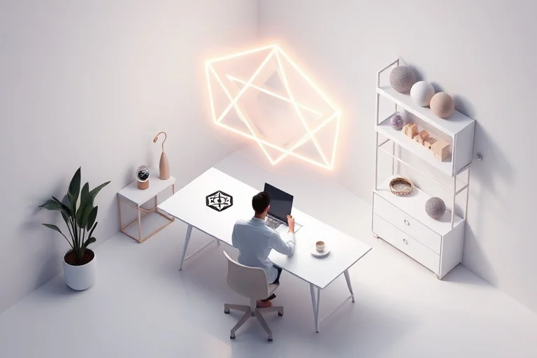 3D isometric render of a minimalist artist's studio with a glowing easel and perfectly arranged art supplies, symbolizing creative potential and ease.