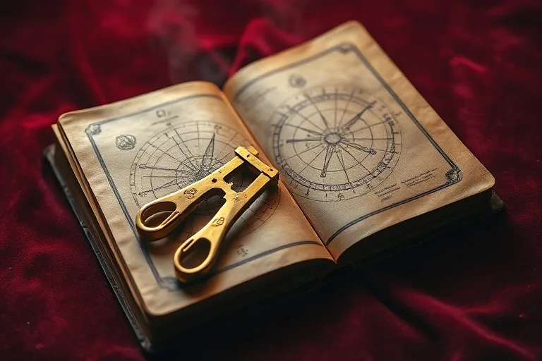Vintage astrological text with geometric diagrams and brass dividers on velvet, symbolizing deep study.