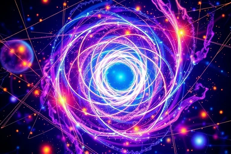 Abstract vortex of luminous energy threads in blues, purples, and golds, forming intricate patterns.