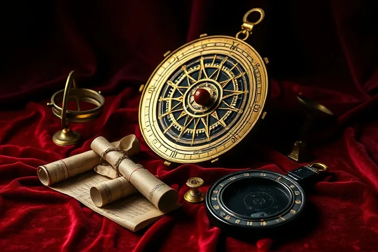 Still life of antique astrological tools on velvet