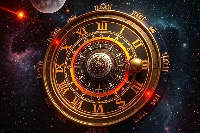 3D illustration of cosmic clock with gears and celestial bodies
