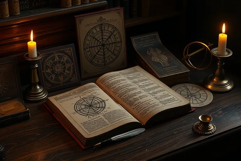 Cinematic still life photography of vintage astrological texts, an armillary sphere, and a quill pen on an antique wooden desk, lit by candlelight.
